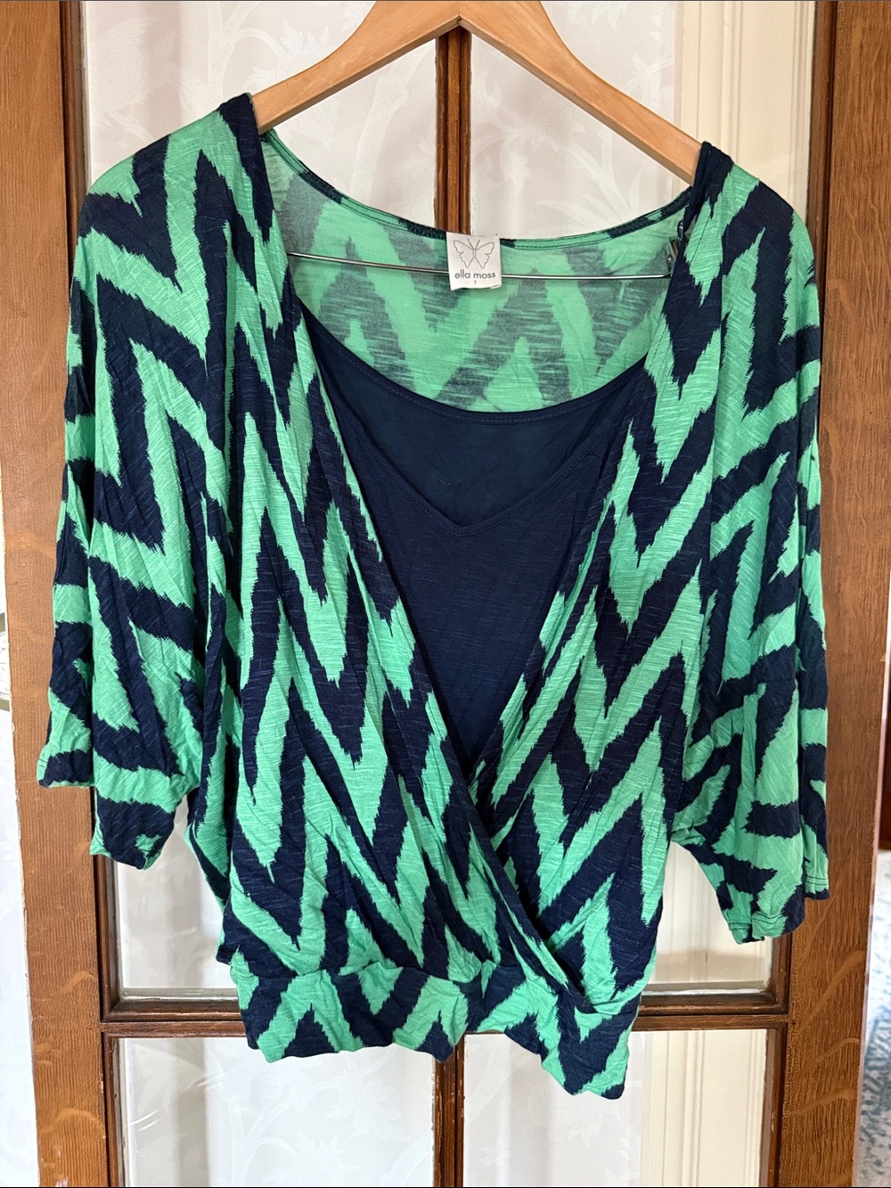 Ella Moss Green & Navy Zigzag Wrap-Front Women's Layered Top